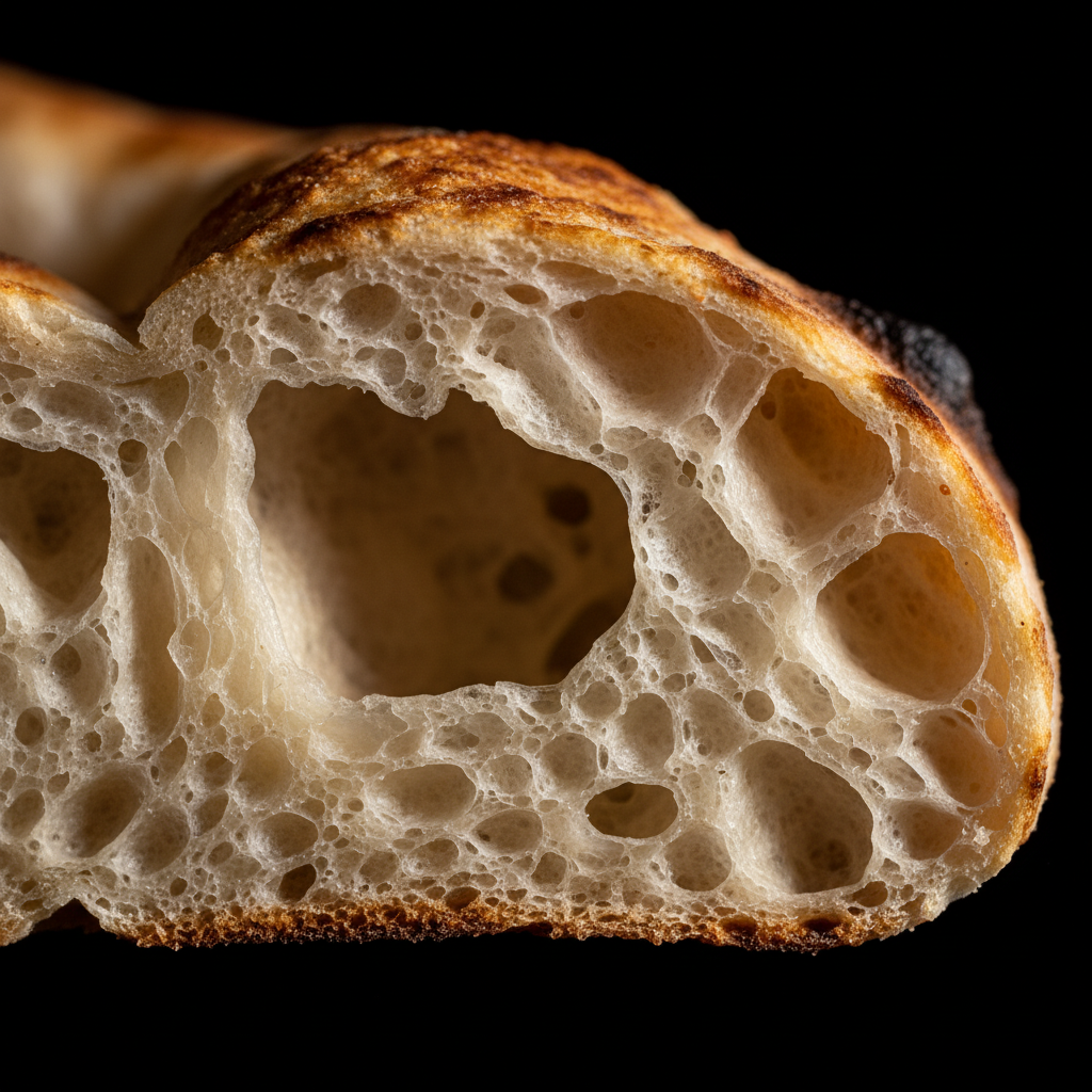 Detailaufnahme der Teigstruktur — luftig und handgeformt